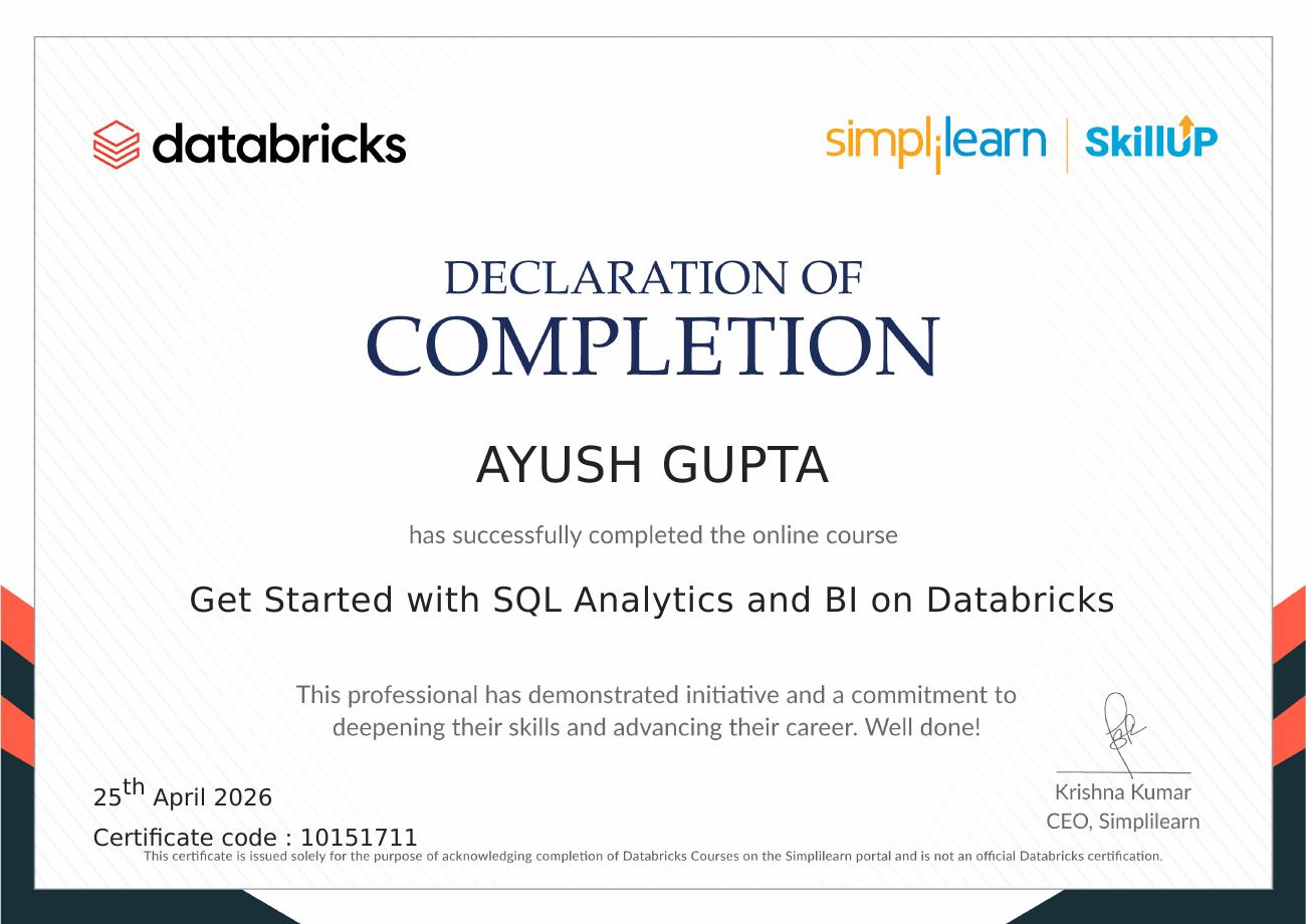 SQL Analytics and BI certificate preview